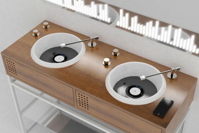 Designer cria pia de banheiro que parece um toca-discos